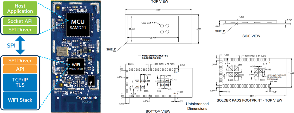 Mechanical Drawing - Microchip Technology SAMW25 SmartConnect Wi-Fi® Module Mechanical Drawing - Microchip Technology SAMW25 SmartConnect Wi-Fi® Module