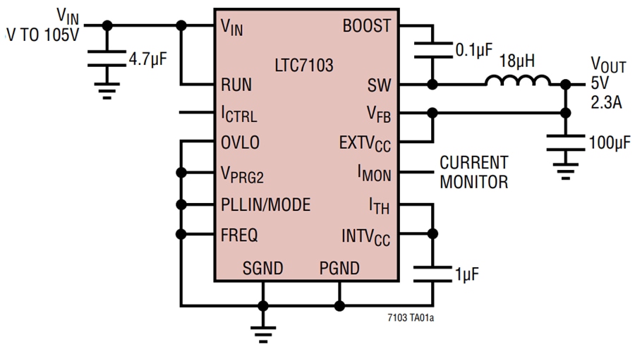 Application Circuit Diagram - Analog Devices Inc. LTC7103 Low EMI Synchronous Step-Down Regulator Application Circuit Diagram - Analog Devices Inc. LTC7103 Low EMI Synchronous Step-Down Regulator